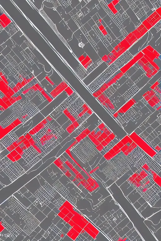Prompt: drone perspective, aerial view, top down, grid city streets and road, in the style of dr. woo, mostly monochromatic, thin line, hong kong, schematic, blueprint, drawing, black : 3 0 %, red : 2 0 %, grey : 5 0 %, background neutral
