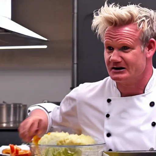 Image similar to hyper real Gordon Ramsey cooking a unicorn in kitchen 4k