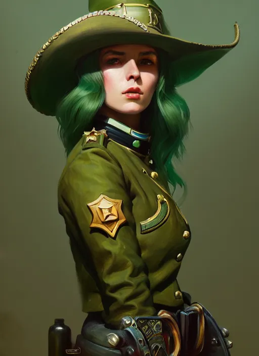 Prompt: female sheriff, beautiful girl, full body, green hair, cowboy hat, realistic, serov, surikov, vasnetsov, repin, kramskoi, insanely detailed, charlie bowater, tom bagshaw, high resolution, octane rendered, unreal engine, illustration, trending on artstation, masterpiece, 8 k