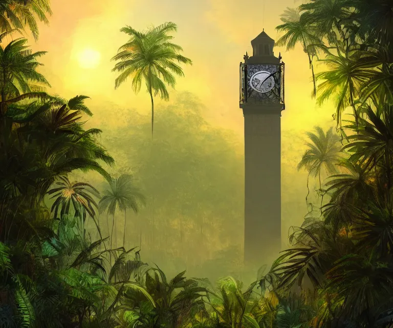 Image similar to a tall clock tower in a jungle!, mist, tropical trees, vines, birds, sunset!, fluffy clouds, warm colors, beautiful lighting, digital art, intricate details, trending on artstation