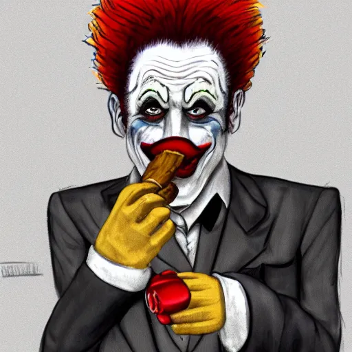 Prompt: a wild dreadfull clown smoking a cigar and making an offer you cant refuse, digital art