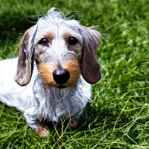 Prompt: stock photo of an elderly, light gray wire-haired dachshund floating in heaven, blue sky, white clouds