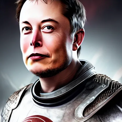 Prompt: a portrait of a elon musk wearing armour, highly detailed, cinematic lighting, hyperrealistic, 4 k, digital art