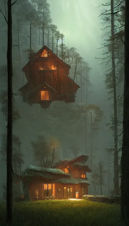 Image similar to cozy home in the woods moody lighting, soft light, dynamic lighting, complimentary colours, realistic, highly detailed, by kim jung giu zdzisław beksinski and greg rutkowskiweta studio, and lucasfilm, colours