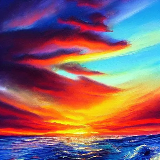 Prompt: beautiful sunset over the ocean magic oil paint surrealistic highly detailed ethereal, trending on artstation