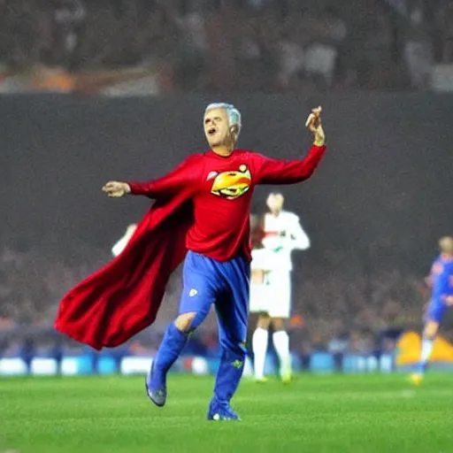 Prompt: jose mourinho flying like superman throwing lasers, award winning photograph
