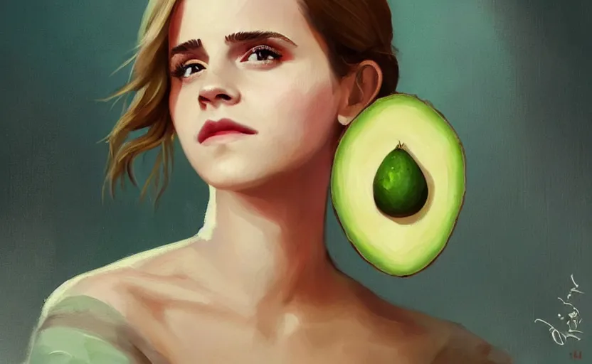 Image similar to a painting of emma watson as an avocado trending on artstation in the style of greg rutkowski