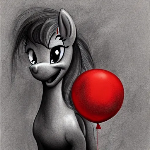 Image similar to surrealism grunge cartoon portrait sketch of my little pony with a wide smile and a red balloon by - michael karcz, loony toons style, my little pony style, horror theme, detailed, elegant, intricate