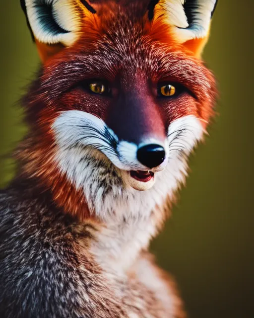 Prompt: portrait photo headshot still of a fursuit, fox, 8 k, 8 5 mm f 1. 8, fursuit