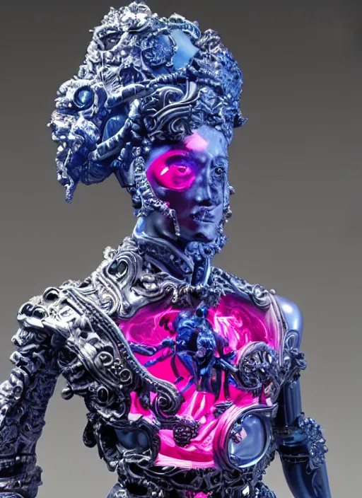 Image similar to full-body baroque and cyberpunk style sculpture of a young seductive Hispanic prince half android with a chest exposing a glowing gemstone battery and a CRT monitor face, glowing pink seductive laser eyes, crown of blue gears and diamonds, swirling salmon-colored silk fabric, robotic raptors dinosaurs. baroque elements. full-length view. intricate artwork by caravaggio. art by Artgerm and Greg Rutkowski and Alphonse Mucha and Tooth Wu and Beeple, Trending on artstation, cinematic industrial lighting, hyper realism, octane render, 8k, depth of field, 3D