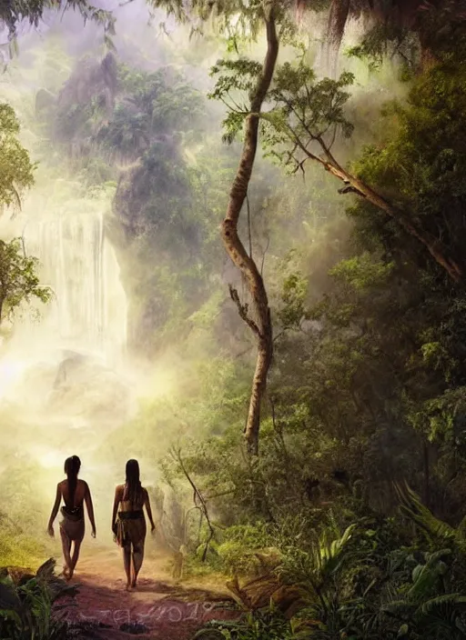 Prompt: two highly realistic indigenous people walking together in the jungle, fantasy art, matte painting