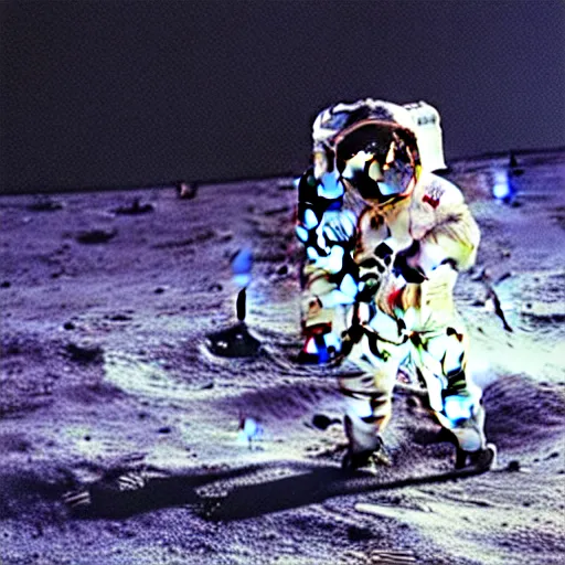 Prompt: old photograph of astronaut playing blue guitar on the moon, photorealistic, high detail, moon landing