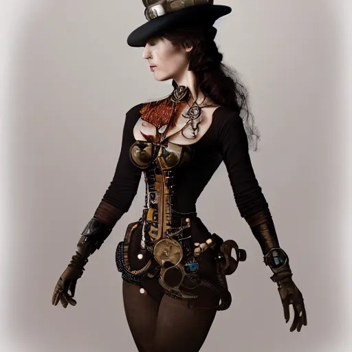 Prompt: a body portrait of a beautiful steampunk woman by zhang jingna, long hair, aged 2 5, swedish, wearing a travel hat, photo realistic, real life, photograph, 3 5 mm, octane render, trending on artstation