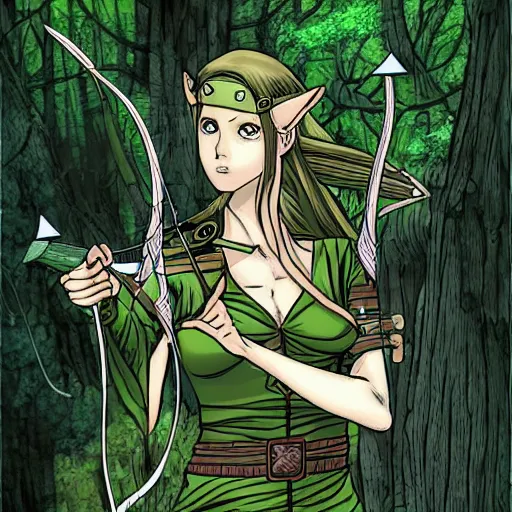 Prompt: female elven archer in forest, symmetric, detaoled portrait, half-tones, manga line art style, by Eiichiro Oda