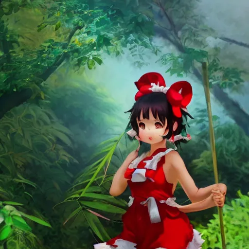 Prompt: a imaginefx cgsociety of reimu in the jungle wearing bonnet