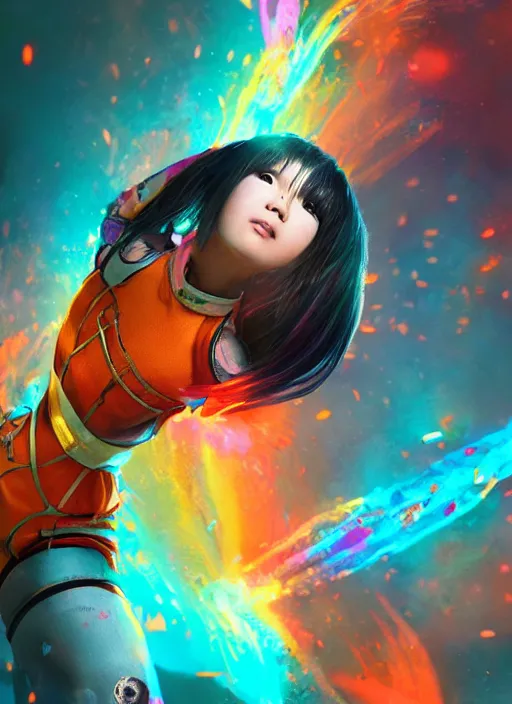 Prompt: teenage rainbow hair asian girl wearing an orange superhero costume, bioshock, au naturel, hyper detailed, digital art, trending in artstation, cinematic lighting, studio quality, smooth render, unreal engine 5 rendered, octane rendered, art style by klimt and nixeu and ian sprigger and wlop and krenz cushart