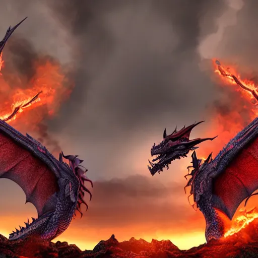 Prompt: Two dragons intertwined with one another breathing fire, masterpiece, 4k render, sunset, forest, incredible detail, cloudy, beautiful