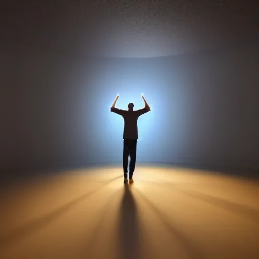 Image similar to a person standing in a dark room with their arms in the air, a screenshot by bedwyr williams, cg society contest winner, photorealism, volumetric lighting, rendered in unreal engine, anamorphic lens flare