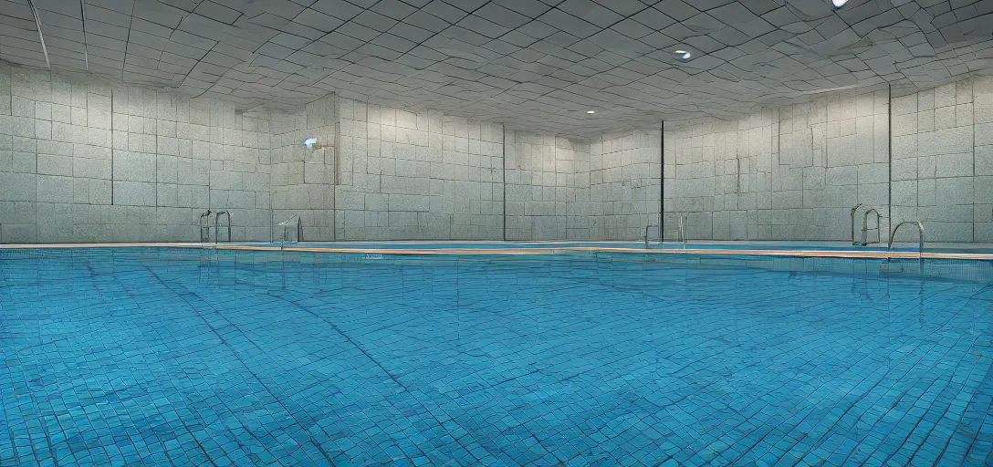 Image similar to photo of tiled walls no windows indoor giant pool room, bright, 8 k photorealistic, hd, high details, trending on artstation