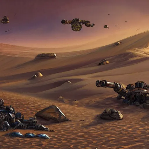 Prompt: painting of a sand landscape, futuristic, buried wreckage of steampunk robots, oasis, 4 k, desolation