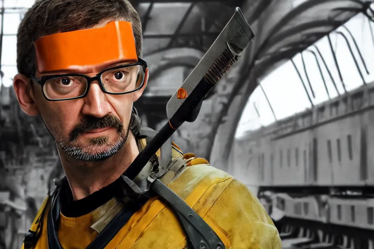 Image similar to vfx movie closeup real life gordon freeman holding wearing futuristic armor, half life logo on chest, crowbar in russian train yard by emmanuel lubezki