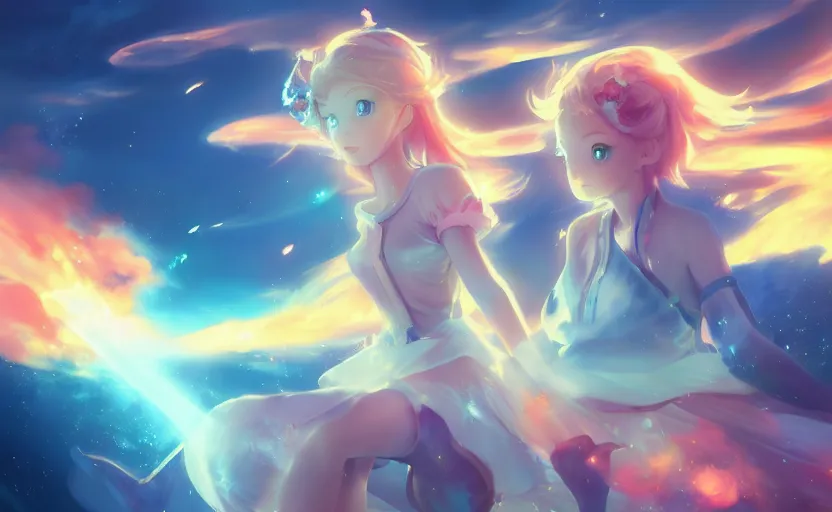 Image similar to Princess rosalina, anime painting, 3d render, hyper realistic, dramatic lighting, the sky is a nebula on fire, 8k hdr pixiv dslr photo by Makoto Shinkai ilya kuvshinov and Wojtek Fus, digital art, concept art,