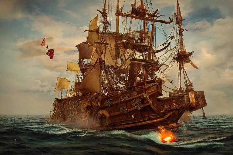 Prompt: epic pirate ship, in the style of vernon grant and chris van allsburg, trending on artstation, bright tilt - shift camcorder effect, photoshop, retrowave, hyperrealism, bauhaus