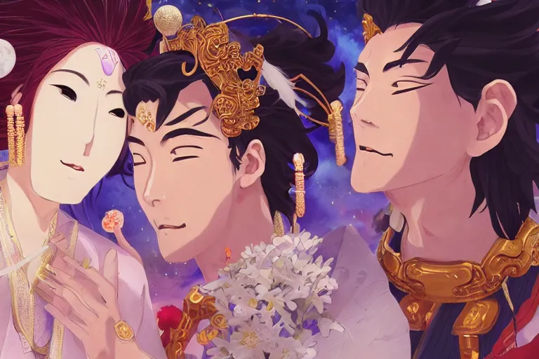 Image similar to close up moment of a divine a japan sun god and a moon goddess lovers magician at a wedding banquet, highly detailed, genshin, fantasy, 4 k realistic, digital painting, trending on artstation, concept art, sharp focus, illustration, art by makoto shinkai and akihiko yoshida and daniel gerhartz