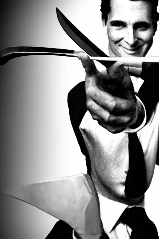 Image similar to black and white illustration of Patrick Bateman holding a big knife, neo noir style, Frank Miller creative design, body horror