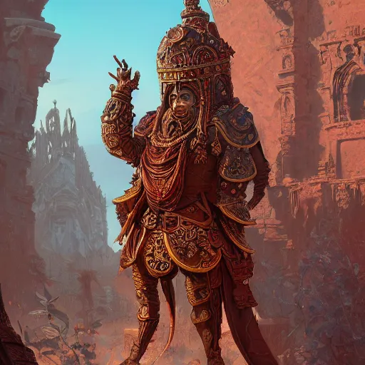 Image similar to alchemist wearing an ornate bronze headdress and red robes standing in a sandstone ruin intricate artwork by Tooth Wu and wlop and beeple and Dan Mumford. Octane render, trending on artstation, greg rutkowski very coherent symmetrical artwork. Cynematic, hyper realism, high detail 8k