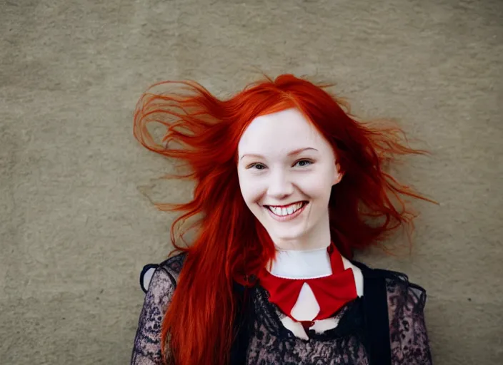 Image similar to portrait of a red haired girl with a choker necklace, and a beautiful smile