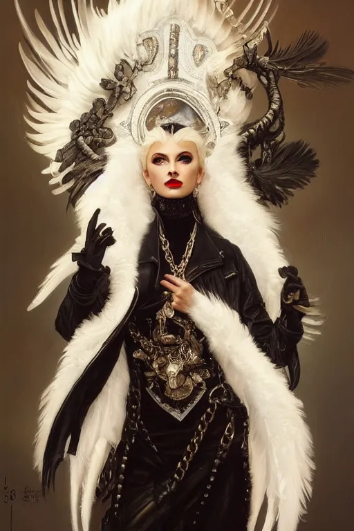 Prompt: highly detailed oil painting, white feathers, dusty black leather jacket, beautiful elegant demon queen, shadows, beautiful face by leyendecker, white hair, dozens of jeweled necklaces, by greg rutkowski, brom, anato finnstark, alphonse mucha, cinematic lighting,