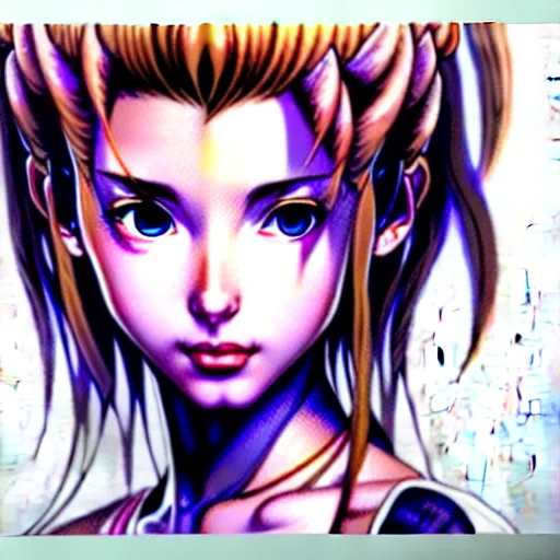 Prompt: photorealistic coherent image of a bemused aerith at the jupiter base, portrait, complex artistic color ink pen sketch illustration, full detail, gentle shadowing, fully immersive reflections and particle effects, concept art by artgerm