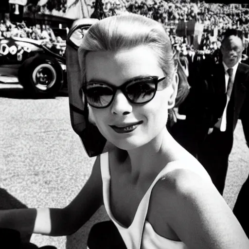 Image similar to selfie smartphone photo of a young Grace Kelly at the Monaco Gran Prix, F1 cars blurred in background, iphone photo, smartphone resolution, trending on instagram, influencer photography