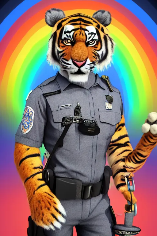 Image similar to Male anthropomorphic Furry Tiger as Police ,fullbody, Rainbow Background, 8k Photo Realistic