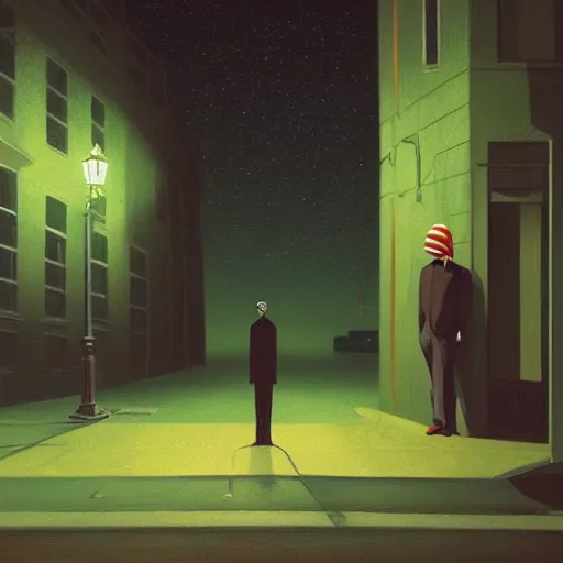 Image similar to a detailed portrait of a lonely man with a skull as his head standing in the street at night, green dramatic and cinematic light from the streetlight, the background is the sky full of stars, in the style of edward hopper, 4 k,