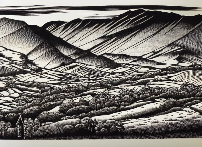 Prompt: an award winning wood engraving on paper of The highlands of Scotland