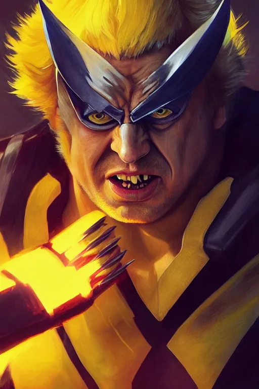 Image similar to Boris Johnson as calm but serious Wolverine, shining claws, yellow X-man costume, portrait, highly detailed, digital painting, artstation, concept art, smooth, sharp focus, illustration, cinematic lighting, art by artgerm and greg rutkowski and alphonse mucha