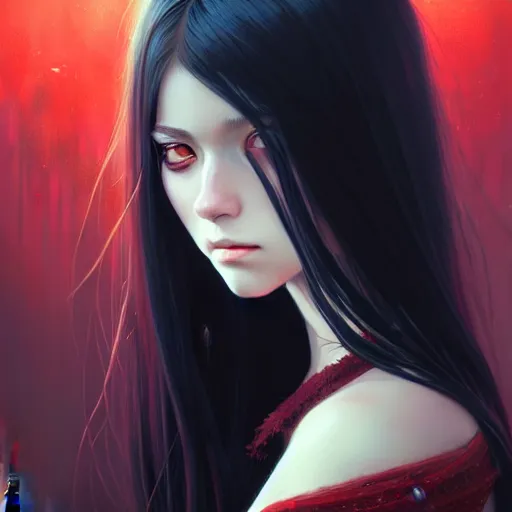 Image similar to a beautiful girl with long black hair and red eyes, fantasy, sharp focus, intricate, elegant, digital painting, artstation, matte, highly detailed, ambient lighting, portrait by Studio Ghibli, Rossdraws, artgerm, Ilya Kuvshinov, and Greg Rutkowski