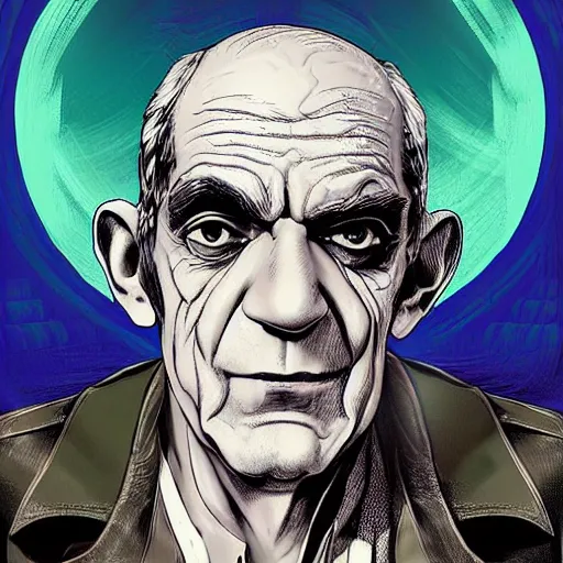 Image similar to handsome portrait of abe vigoda posing, radiant light, caustics, war hero, style of vento aureo cover art, style of stone ocean cover art, style of steel ball run cover art, ilya kuvishinov style, illustrated by hirohhiko araki