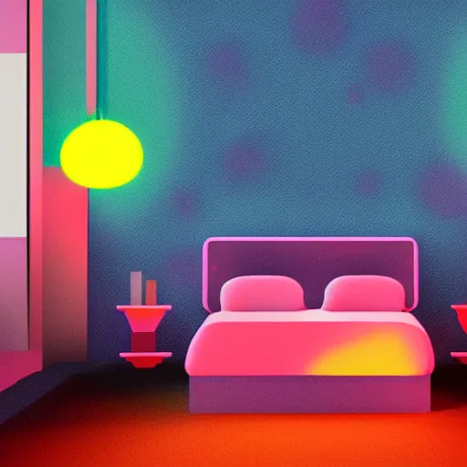 Image similar to a neon lofi bedroom, digital art