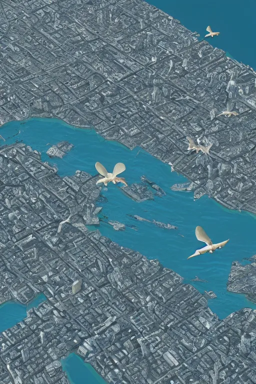 Image similar to ” marine life flying around a huge city, overdetailed image, ultra realistic, 8 k ”