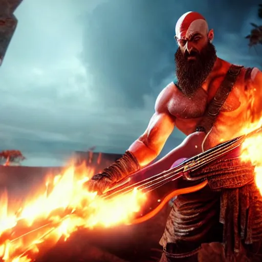 Image similar to kratos shredding on a flaming stratocaster guitar, cinematic render, god of war 2 0 1 8, santa monica studio official media, lightning, stripe over eye