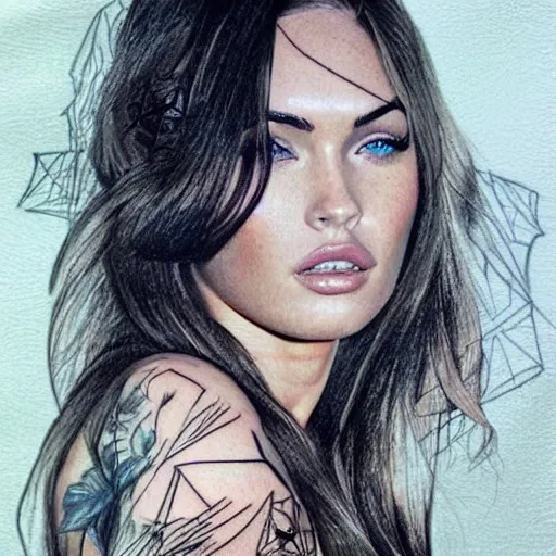 Image similar to realism tattoo sketch of double exposure megan fox with beautiful mountain scenery, in the style of andrey lukovnikov