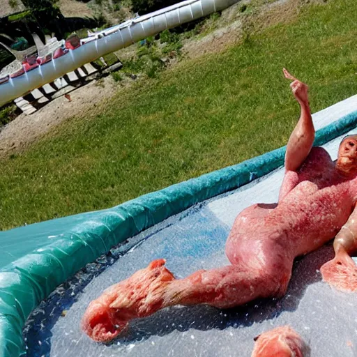 Image similar to raw chicken meat sliding down a waterslide