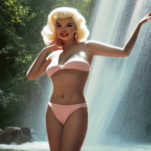 Image similar to a very beautiful sundance award winning image of jayne mansfield under a tropical waterfall, full body, pale pink bikini, cinematic lightning, golden hour, medium shot, alexa mini, cryengine, raytracing, 4 k, cinematic wallpaper by gil elvgren, robert maguire, rudolf belarski