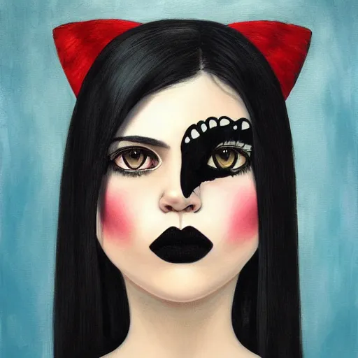 Prompt: a painting of an emo goth mexican woman with long dark hair thick eyebrows dark eyes and dark circles wide nose big eyes oval face shape big cheeks, holding her tabby cat, a photorealistic painting by tran nguyen and ilya kuvshinov, featured on deviantart, gothic art, goth, gothic, detailed painting