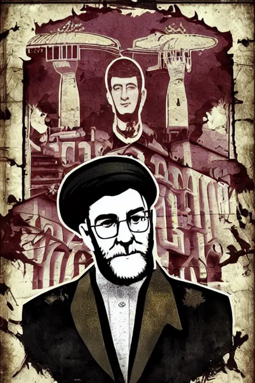 Image similar to khamenei, with quotes : destroy destroy america, pointing index finger, delete duplicating content, delete disable content and fix it, hyperrealistic anatomy content, violet polsangi pop art, gta chinatown wars art style, extreme quality masterpiece, bioshock infinite art style, incrinate, 2 color, white frame, content balance proportion