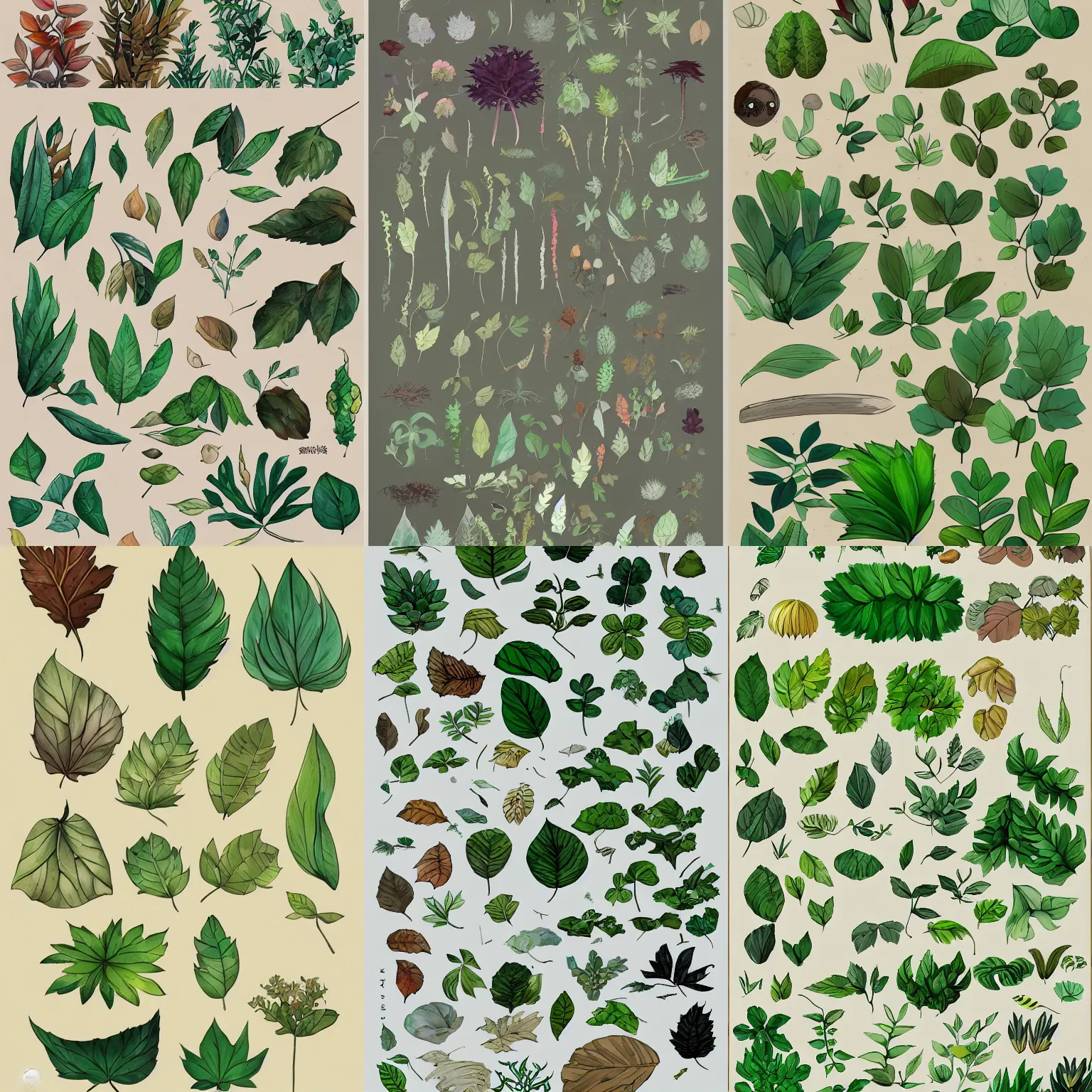 Prompt: a beautiful handpainted asset sheet of many leaves, small plants, and foliage concepts, in the style of studio ghibli, trending on artstation