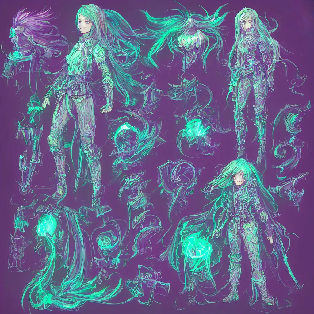 Prompt: highly detailed concept art mage with long hair wearing glitch - art pixellated armor, cel shaded graphics, ambient occlusion, pastel color pallete, character sheet